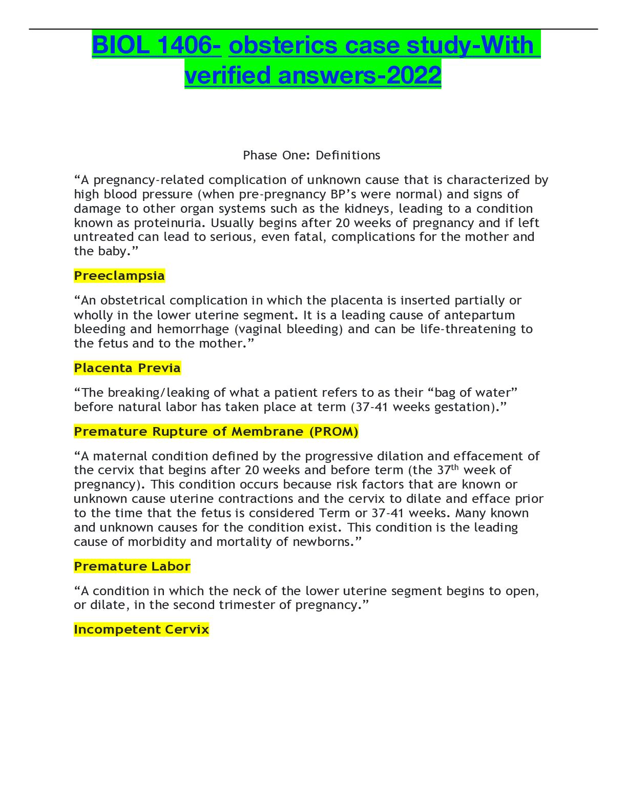 Preview of BIOL 1406- obsterics case study-With verified answers-2022